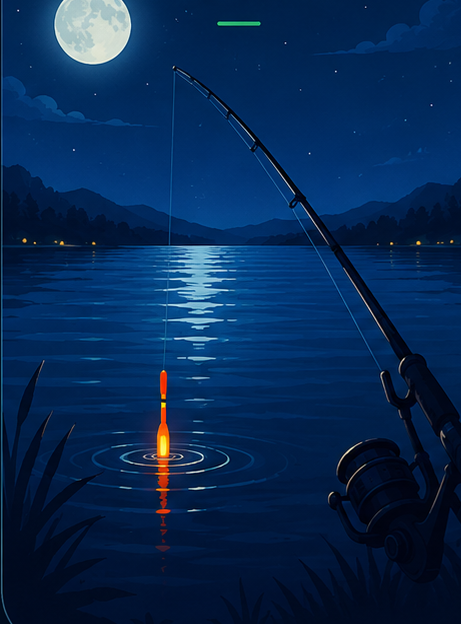 夜间水面、月光与橙色浮漂的夜钓插画